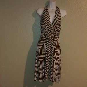 Brown and tan lined v cut front dress
